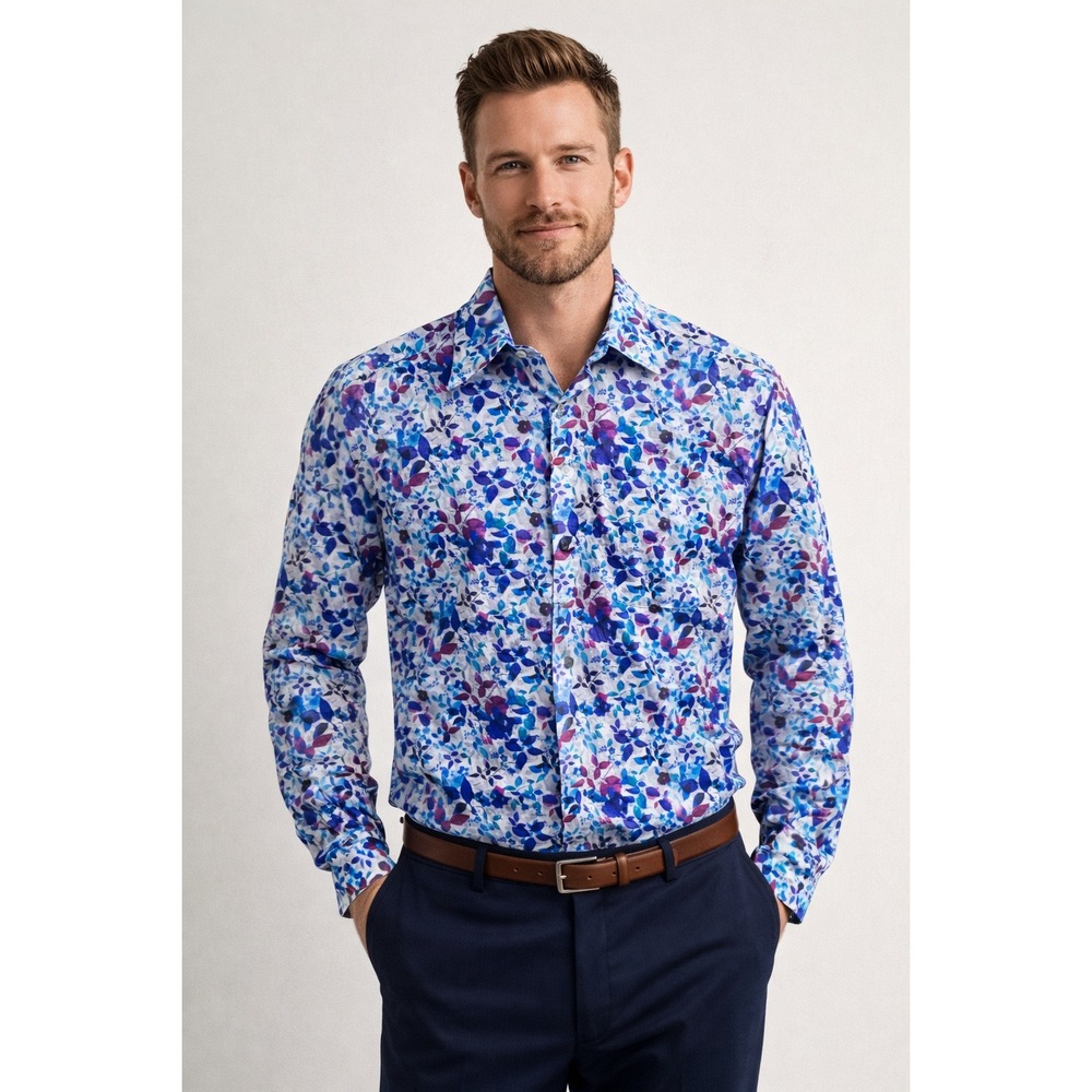 Paul Fredrick Mens L Floral Button Up Blue Purple Cotton‎ Classic Fit